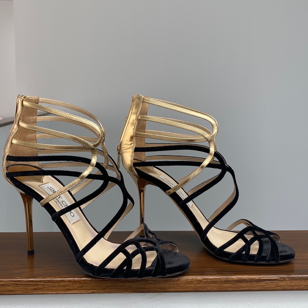 Jimmy Choo sandals in black velvet and gold leather, size 81/2